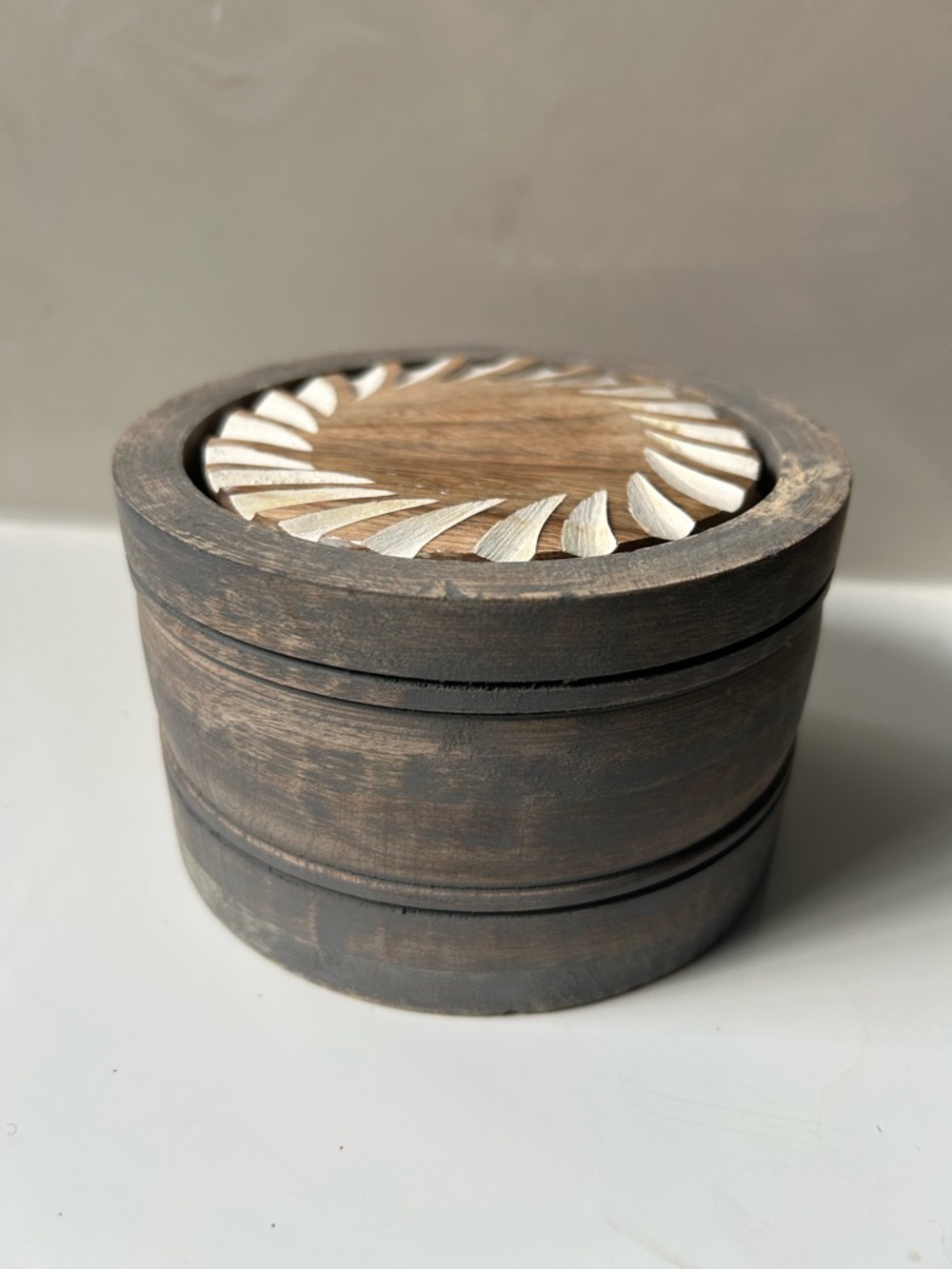Round Decorative Wood Coaster Set Gray - Brown & White Accents